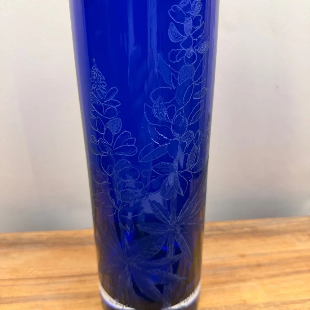 Wanda Poland Cobalt Blue Glass Lupine Etched Vase Tera Heyne Signed  12